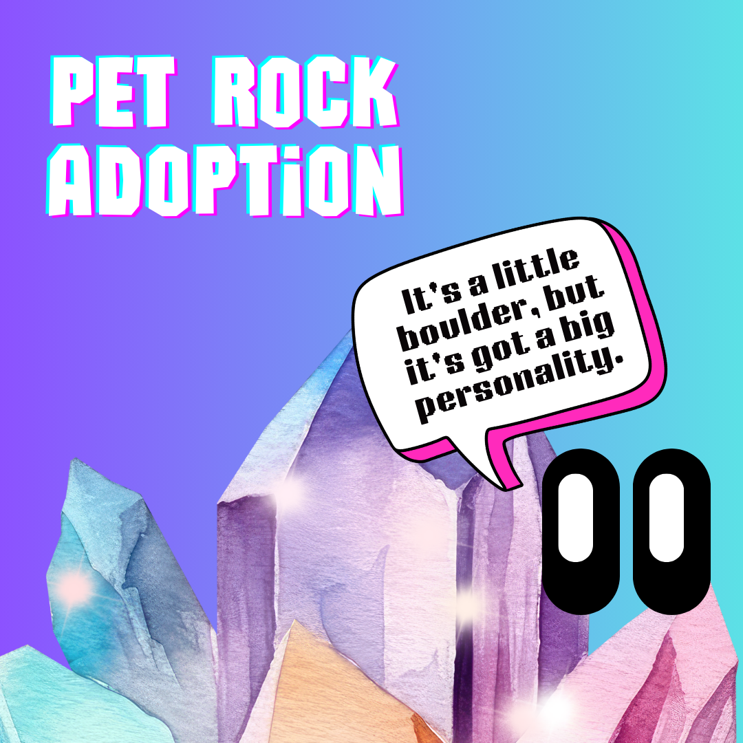 Colorful crystals with a playful speech bubble saying, "It's a little boulder, but it's got a big personality."