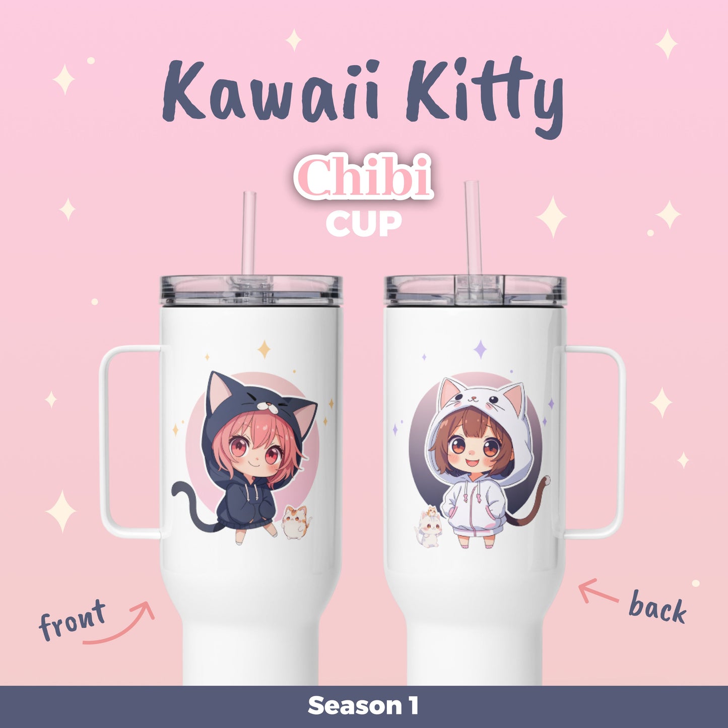 Charming chibi cat girls in pastel outfits, perfect for sipping drinks with kawaii flair on the go.