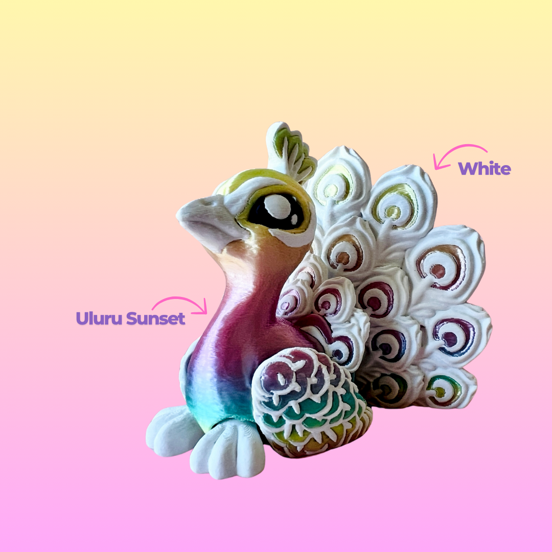 Colorful peacock sculpture with intricate feather details, set against a soft gradient background of pink and pastel hues.