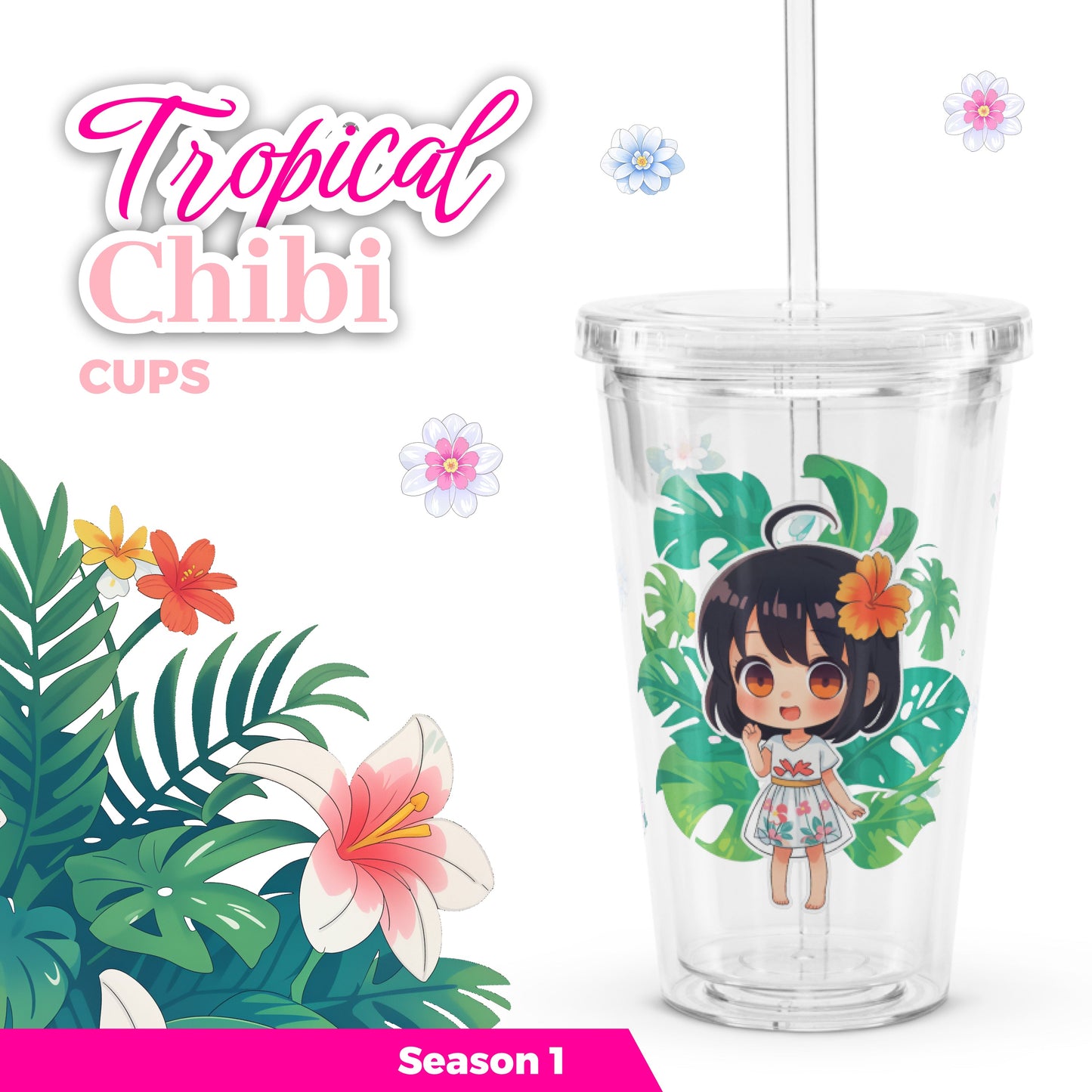 Adorable tumbler featuring a chibi character surrounded by tropical leaves and flowers, perfect for summer sipping.