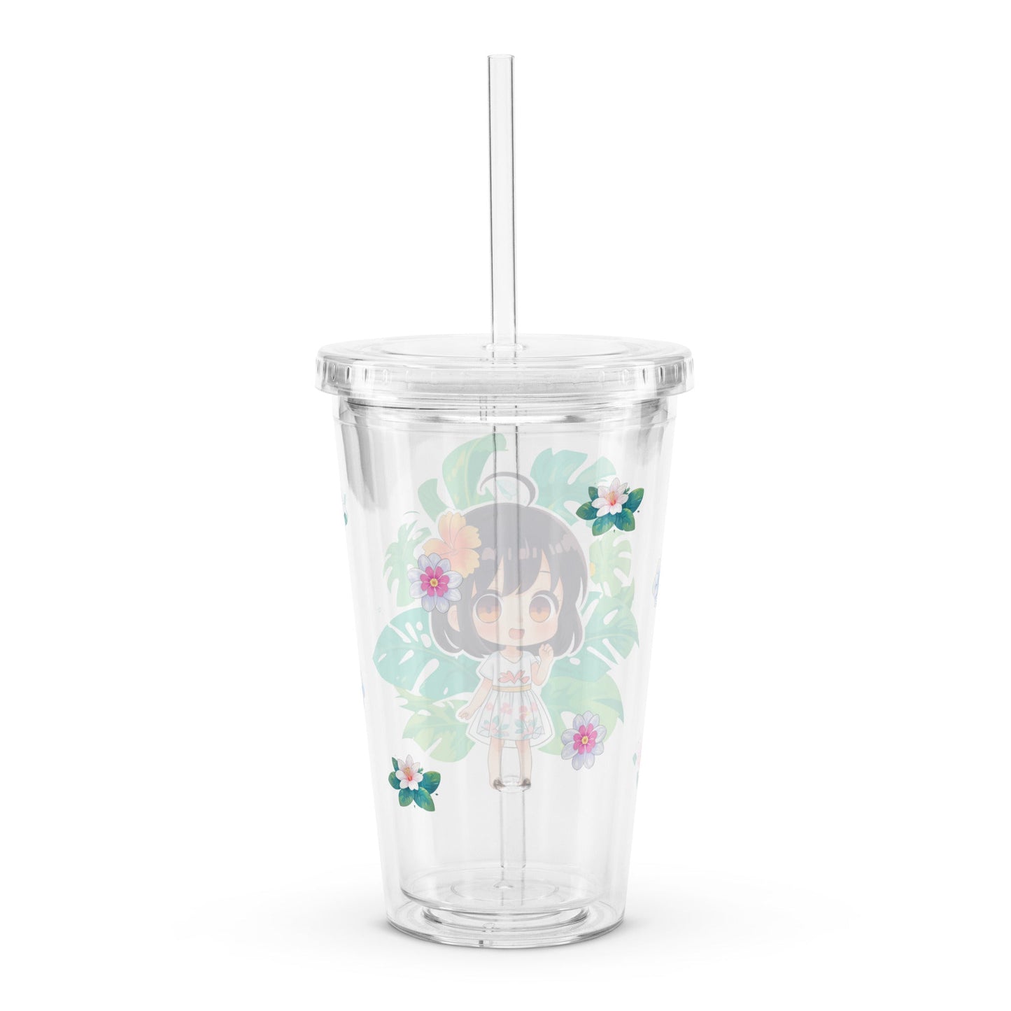 Clear tumbler featuring a chibi character surrounded by tropical leaves and colorful flowers, perfect for summer sipping.