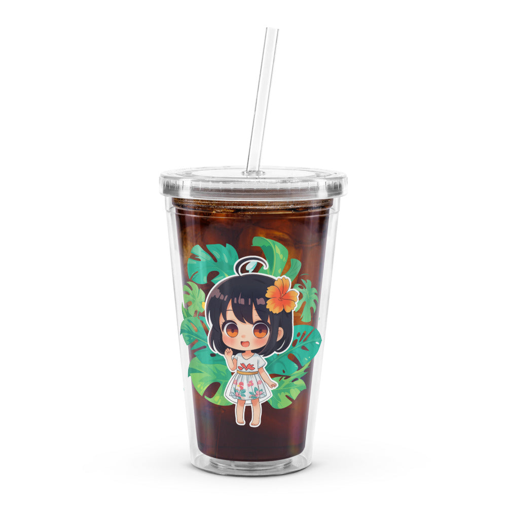 Clear tumbler featuring a cute chibi character surrounded by tropical leaves, perfect for refreshing drinks.