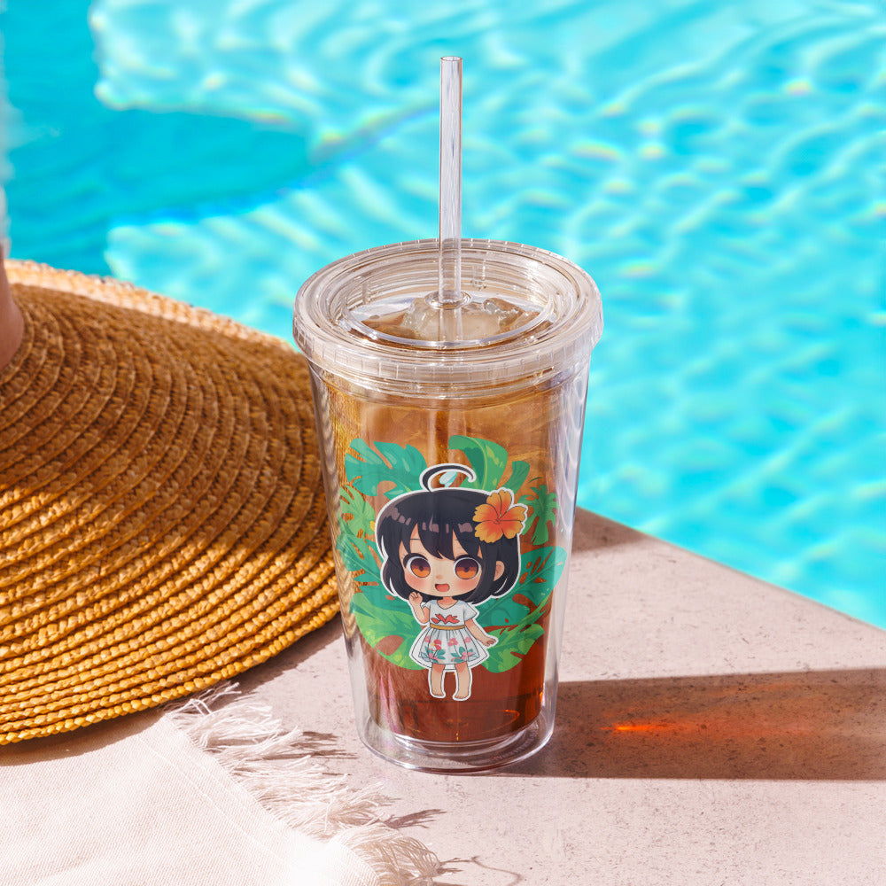 Clear tumbler featuring a chibi character surrounded by tropical leaves, perfect for summer drinks by the pool.