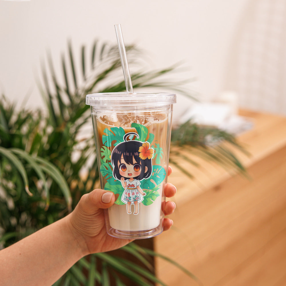 Handheld 16oz tumbler featuring a cute chibi character surrounded by tropical leaves, perfect for summer beverages.