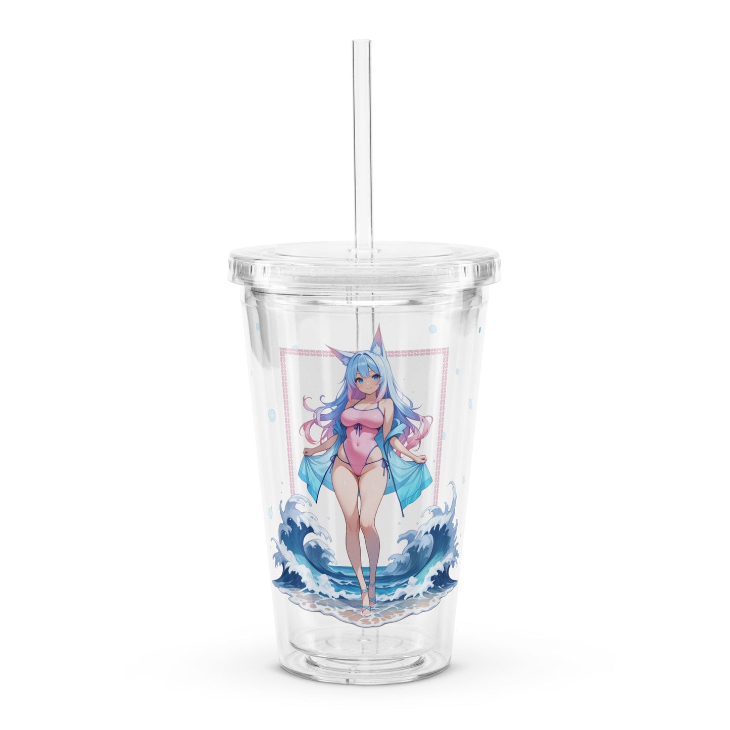 Clear tumbler featuring the Aqua Fox character with playful blue waves, perfect for stylish hydration on the go.