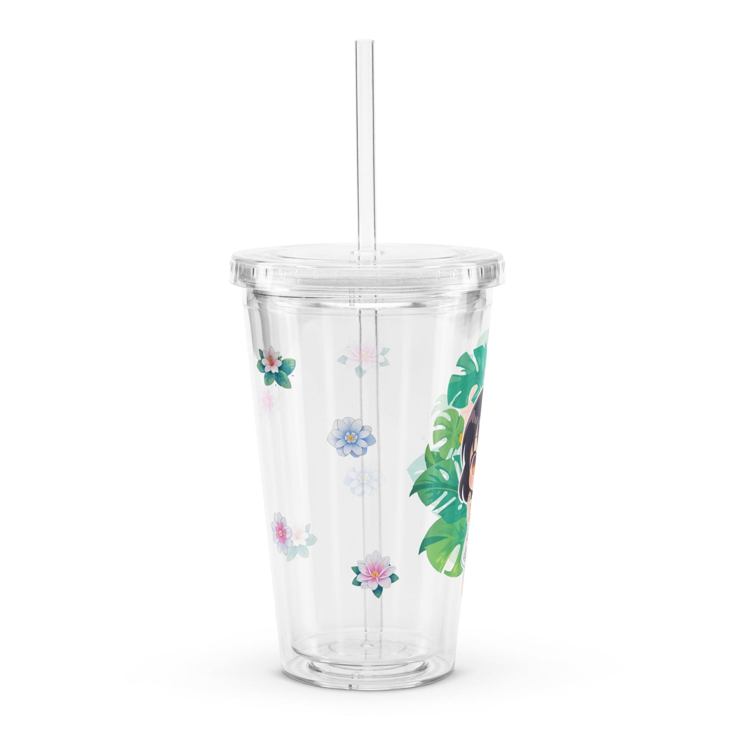 Clear tumbler featuring a chibi character surrounded by tropical flowers and leaves, perfect for summer drinks.