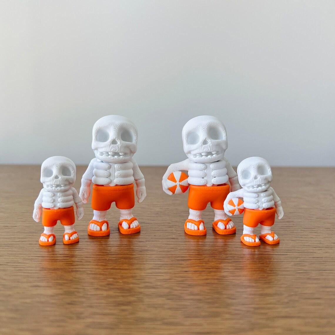 Four quirky skeletons in orange shorts and flip-flops, with one holding a beach ball, showcasing summer vibes.