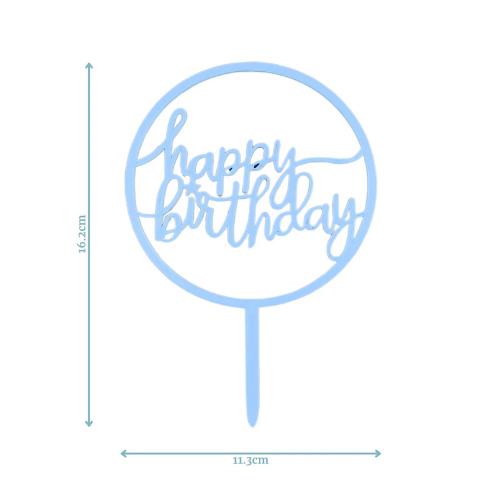 Large light blue round topper with "happy birthday" text, adding whimsy to birthday celebrations.