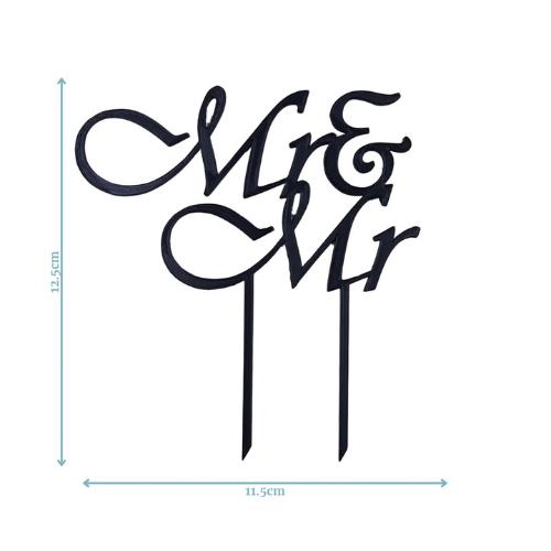 Elegant black "Mr & Mr" topper with swirling letters, perfect for adding charm to wedding celebrations.
