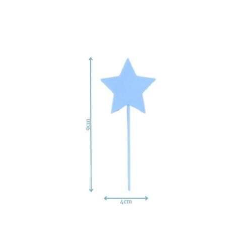 Light blue star topper with a stick, measuring 9cm tall and 4cm wide, perfect for adding charm to cakes and cupcakes.
