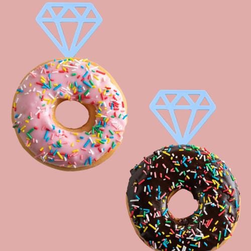 Elegant diamond-shaped topper enhances pink and chocolate donuts, adding charm to any celebration. Custom colors available.