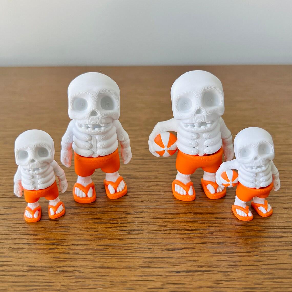 Quirky mini skeletons in orange shorts and flip-flops, some holding beach balls, perfect for summer vibes and fun.