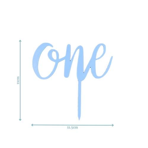 Playful blue topper spelling "ONE" in a whimsical font, perfect for celebrating a first birthday.