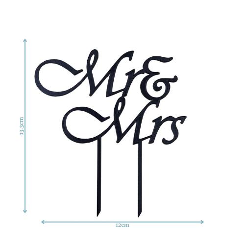 Elegant black "Mr & Mrs" topper with graceful script, perfect for adding sophistication to a wedding celebration.