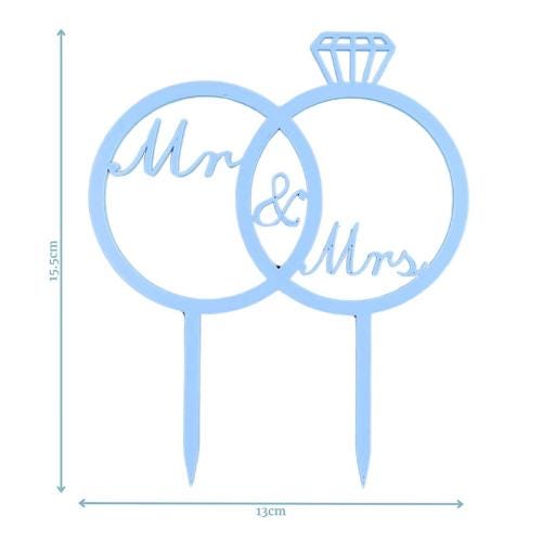 Interlocking rings in light blue featuring "Mr" and "Mrs," with a diamond accent on the bride's ring for a wedding celebratio