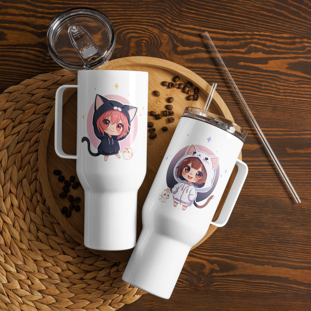 Charming travel mug featuring two adorable chibi cat girls in pastel colors, perfect for kawaii lovers on the go.