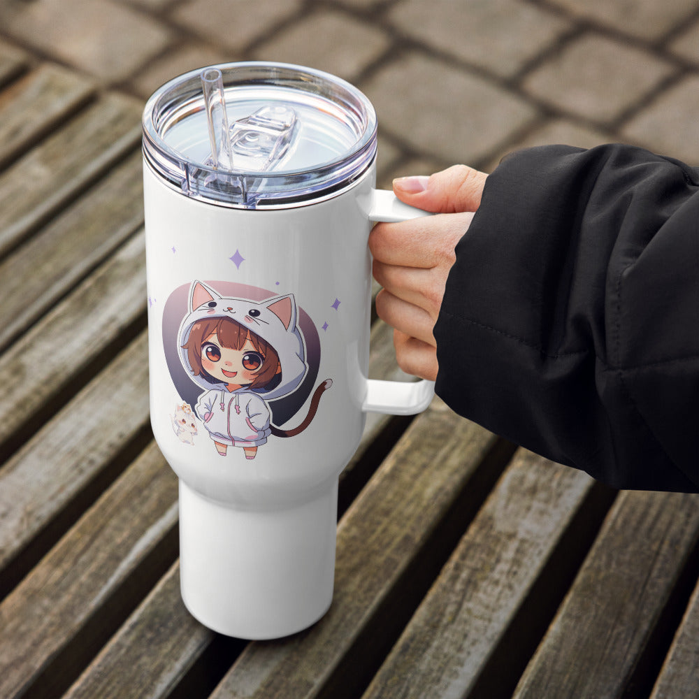 Charming travel mug featuring a cute chibi cat girl design, perfect for sipping drinks in kawaii style on the go.