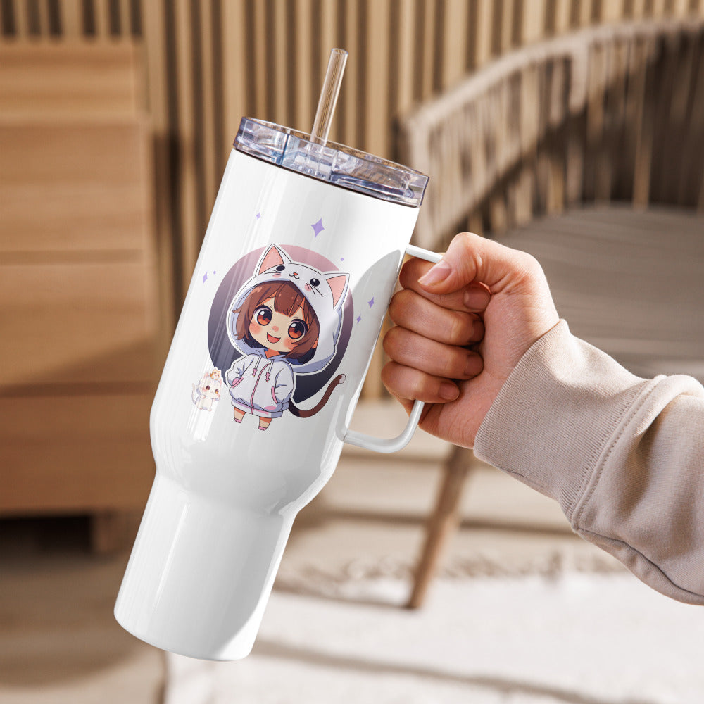 Charming travel mug featuring a cute chibi cat girl, perfect for sipping drinks in kawaii style on the go!