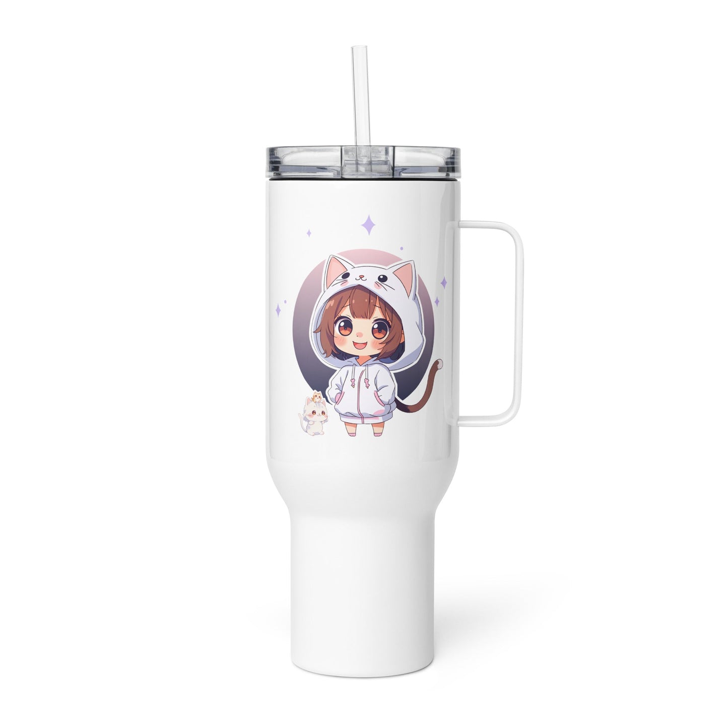 Charming travel mug featuring a chibi cat girl in a hoodie, perfect for sipping drinks with kawaii flair.
