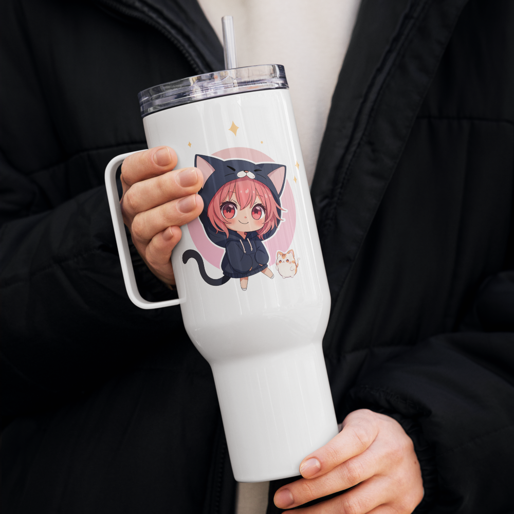 Charming 40oz tumbler featuring two cute cat girls against a pastel background, perfect for on-the-go sipping!