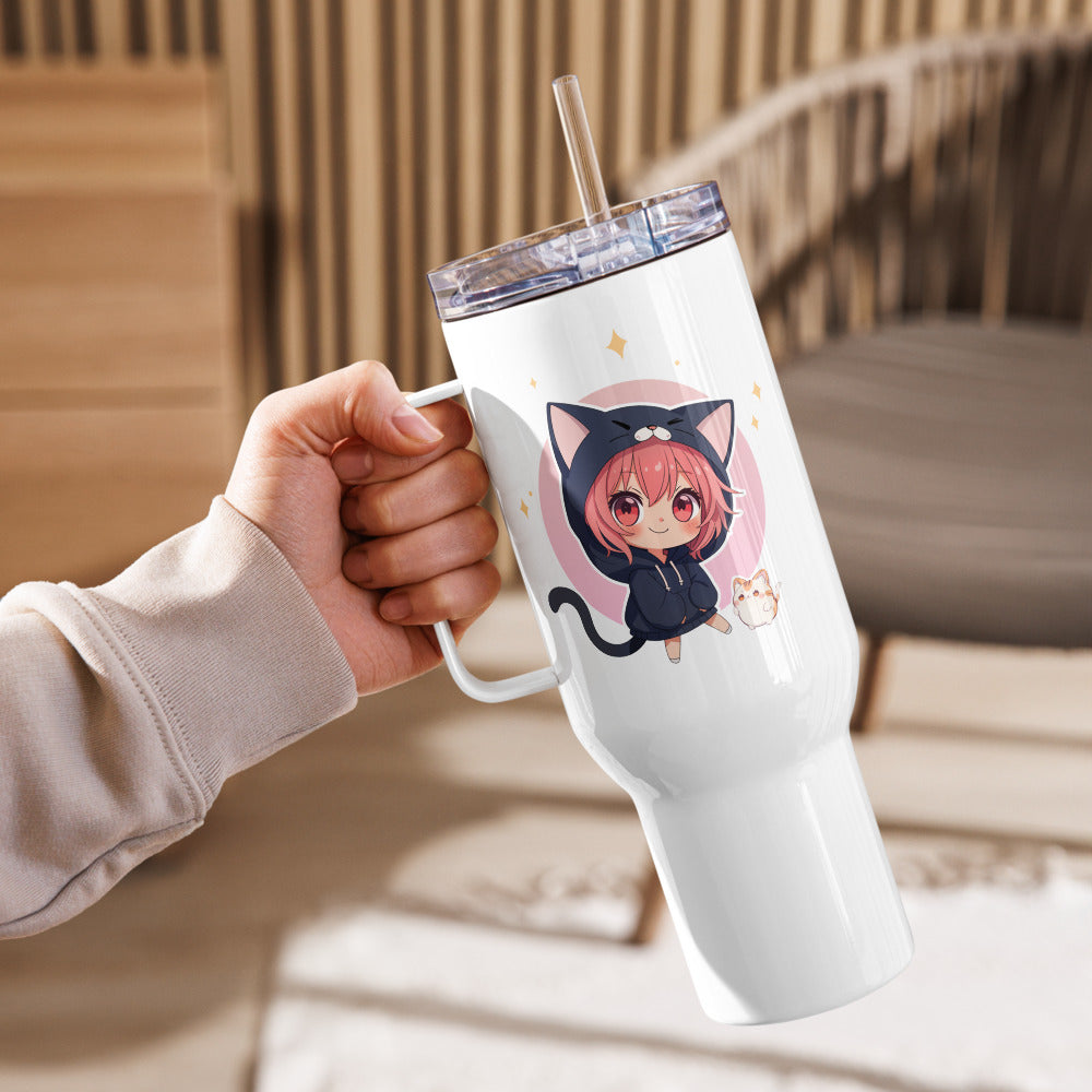 Kawaii 40oz travel mug featuring adorable chibi cat girls, perfect for stylish sipping on the go.
