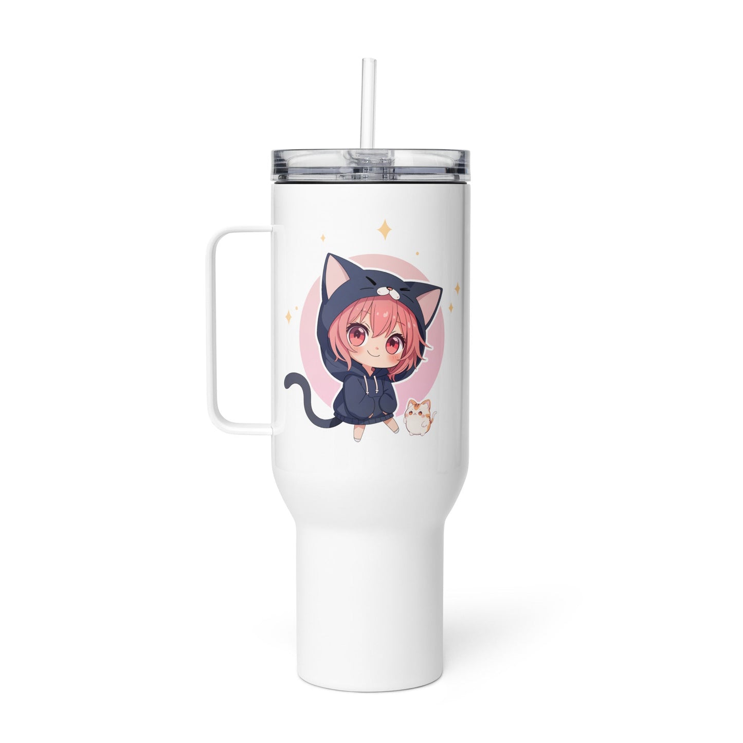 Charming white travel mug featuring a cute chibi cat girl illustration with pastel accents and a playful kitty companion.