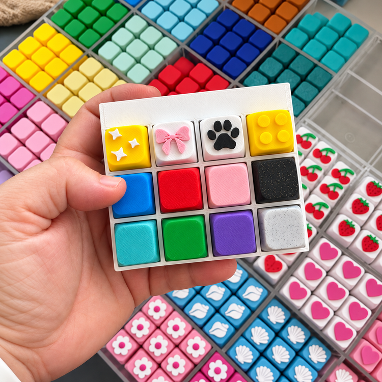 Hand holding a colourful 3D printed 12 key fidget clicker
