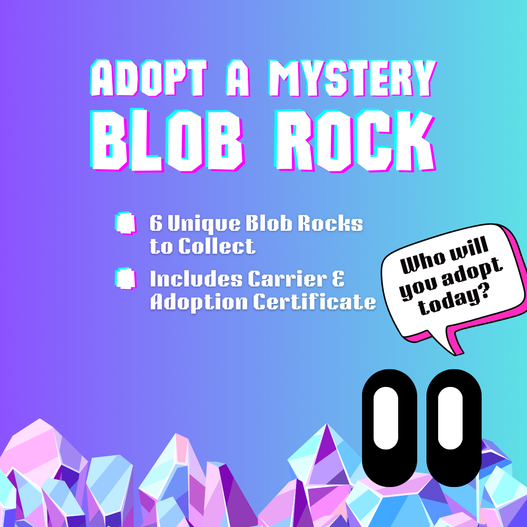 Colorful text invites adoption of unique collectible rocks, with vibrant geometric shapes in a playful, pastel background.