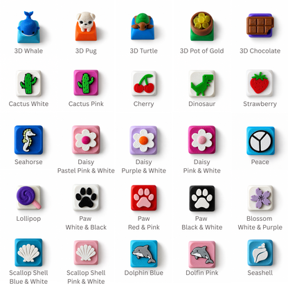 Fidget clicker keycap design options: whale, pug, turtle, pot of gold, chocolate, cactus, cherry, dinosaur, strawberry, seahorse, daisy, peace, lollipop, paw, blossom, shell and dolphin keycaps