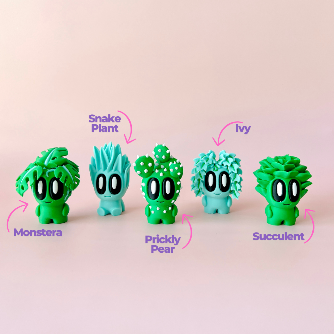 Five whimsical plant figures with big eyes, showcasing various styles like Monstera, Snake Plant, and Succulent.