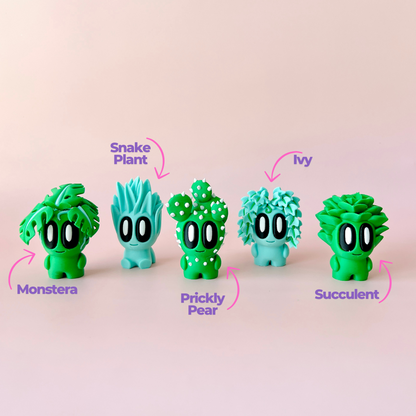 Five whimsical plant figures with big eyes, showcasing various styles like Monstera, Snake Plant, and Succulent.