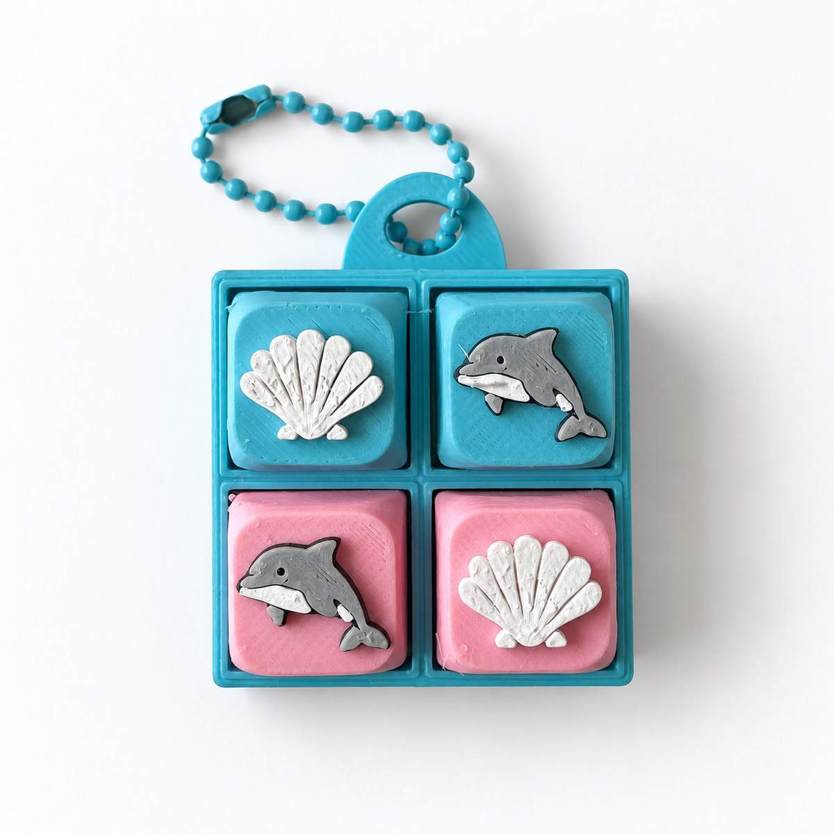 4 Key Fidget Clicker Square, 3D printed fidget clicker in blue with shell and dolphin keycaps