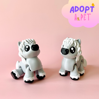 Two adorable gray figures with playful expressions, set against a soft pink background.
