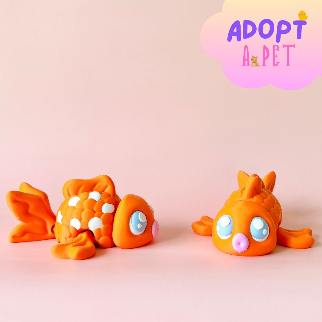 Two playful orange fish figures with large blue eyes against a soft pink background, featuring whimsical details.