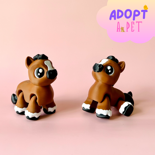 Two cute, brown horses with large eyes and distinctive markings, set against a soft pink background.