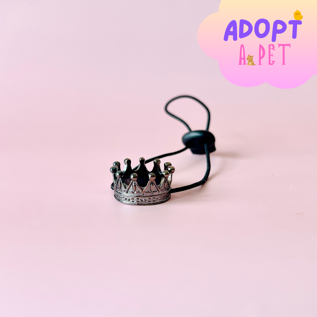 A small metallic crown resting on a soft pink surface, attached to a black cord with a toggle.