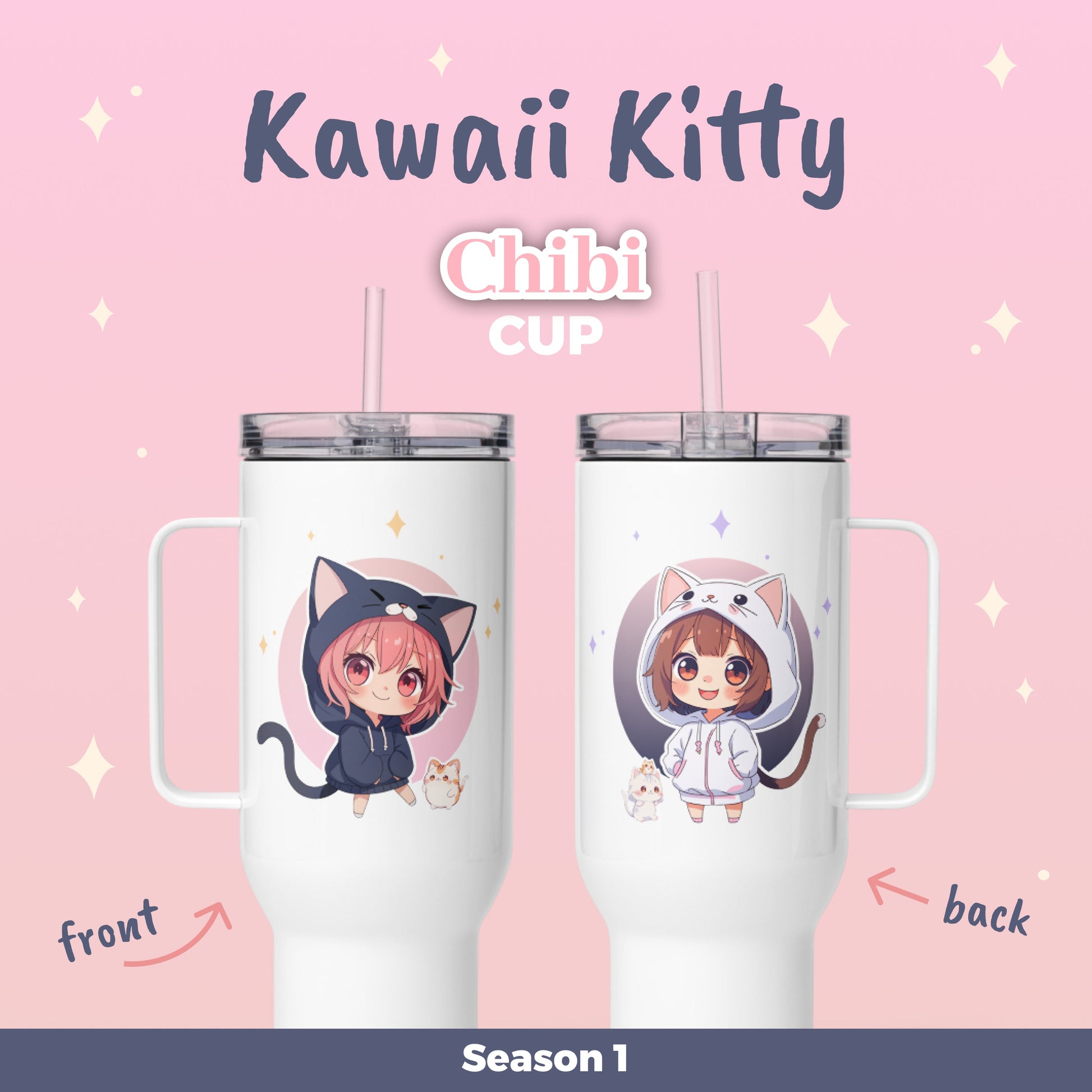 Charming chibi cat girls in pastel outfits, perfect for sipping drinks with kawaii flair on the go.