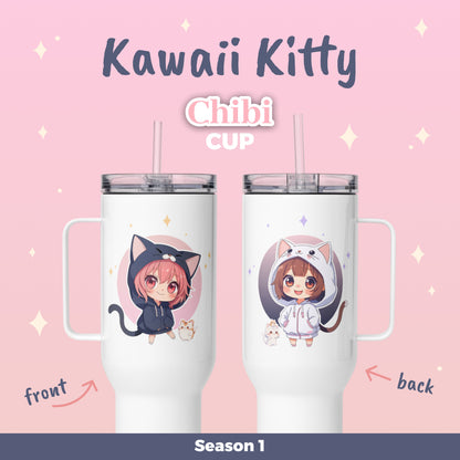 Charming chibi cat girls in pastel outfits, perfect for sipping drinks with kawaii flair on the go.