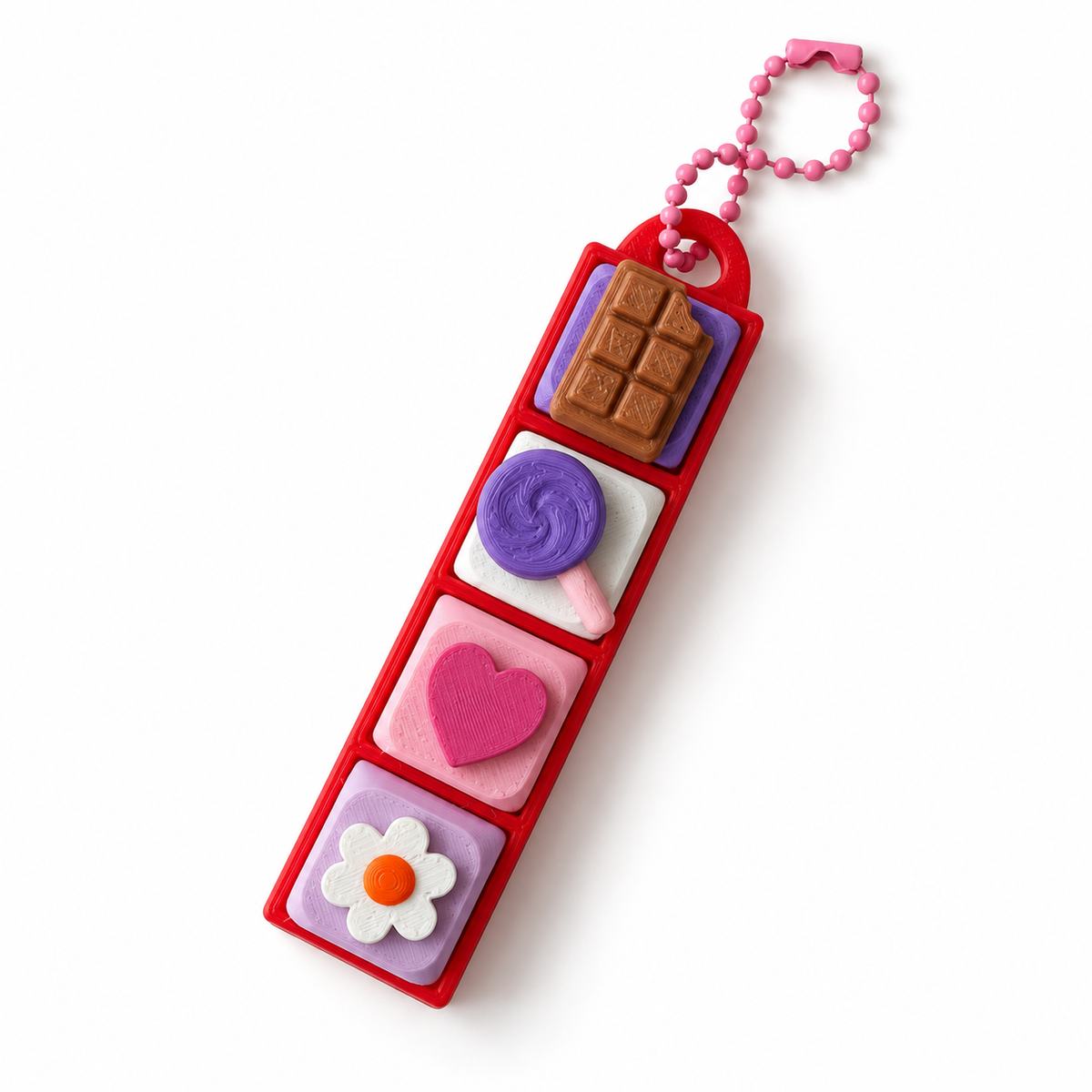 4 Key Fidget Clicker, 3D printed fidget clicker in red with chocolate, lollipop, heart and daisy keycaps