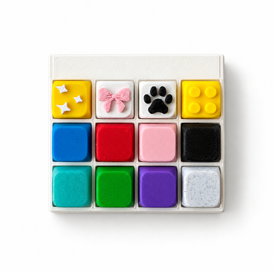 12 Key Fidget Clicker, 3D printed fidget clicker in white with rainbow and glitter keycaps