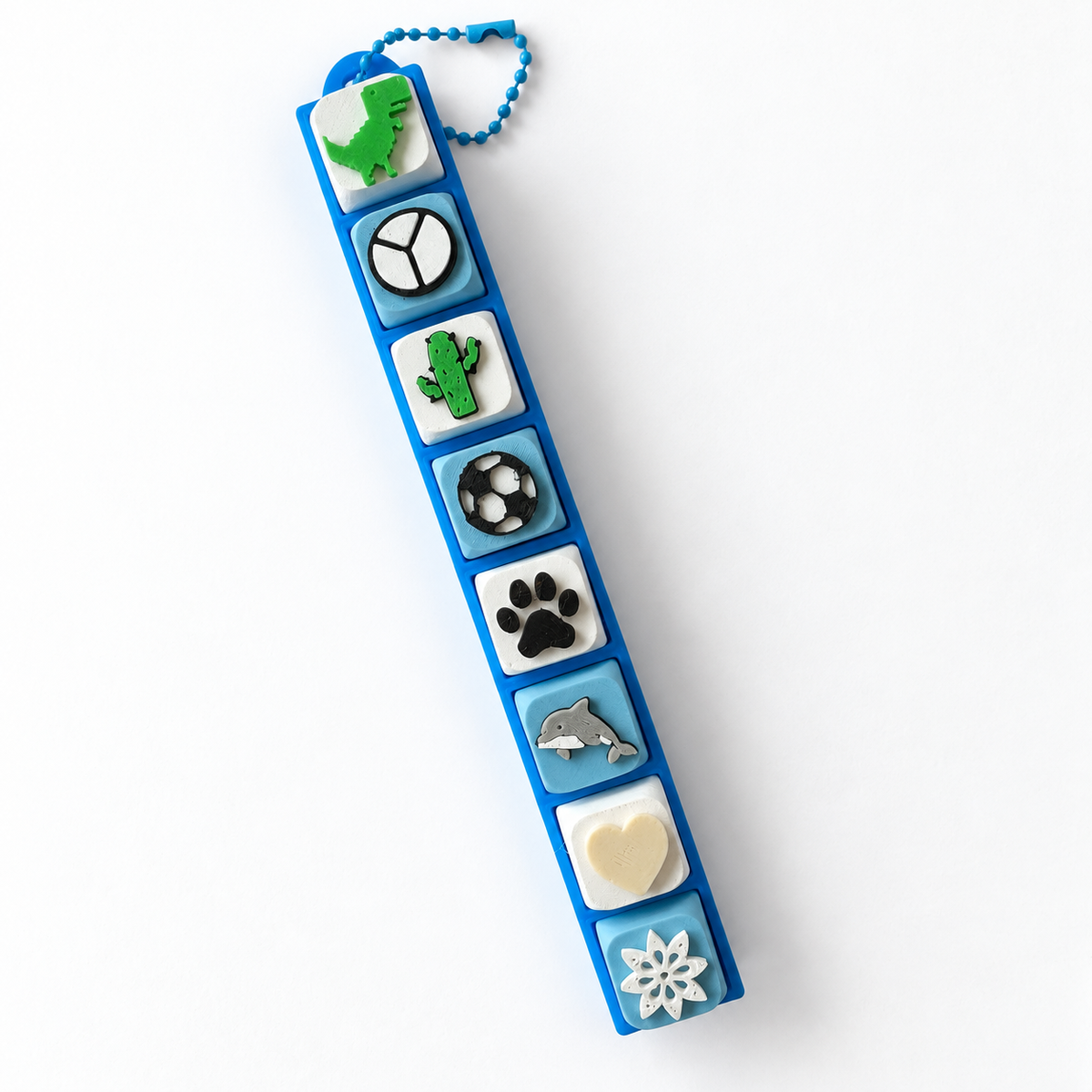 8 Key Fidget Clicker, 3D printed fidget clicker in blue with character keycaps