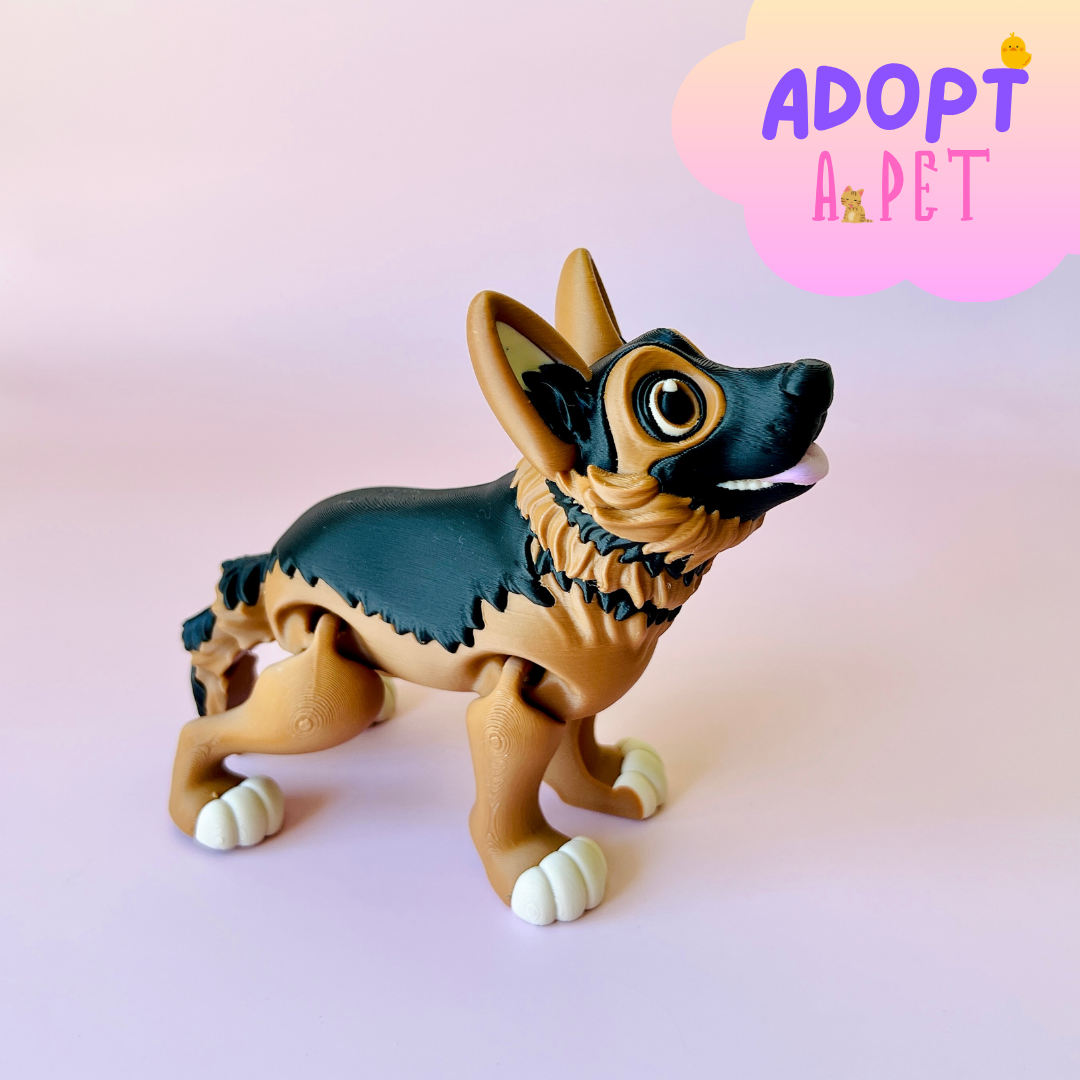 A playful German Shepherd figure with a shiny coat, standing against a soft pink background, ready for adoption.