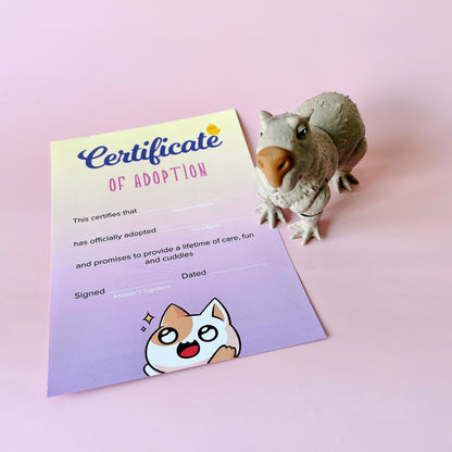 A whimsical adoption certificate with a cartoon pet illustration, accompanied by a small, light-colored creature figurine.