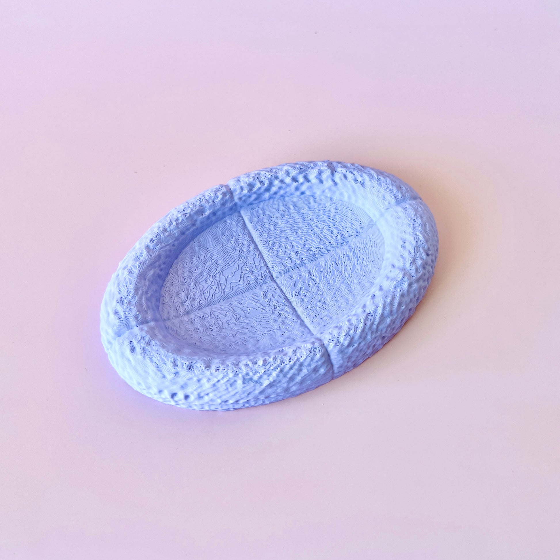 A textured oval dish in soft blue, featuring a detailed surface and subtle grooves, set against a light background.