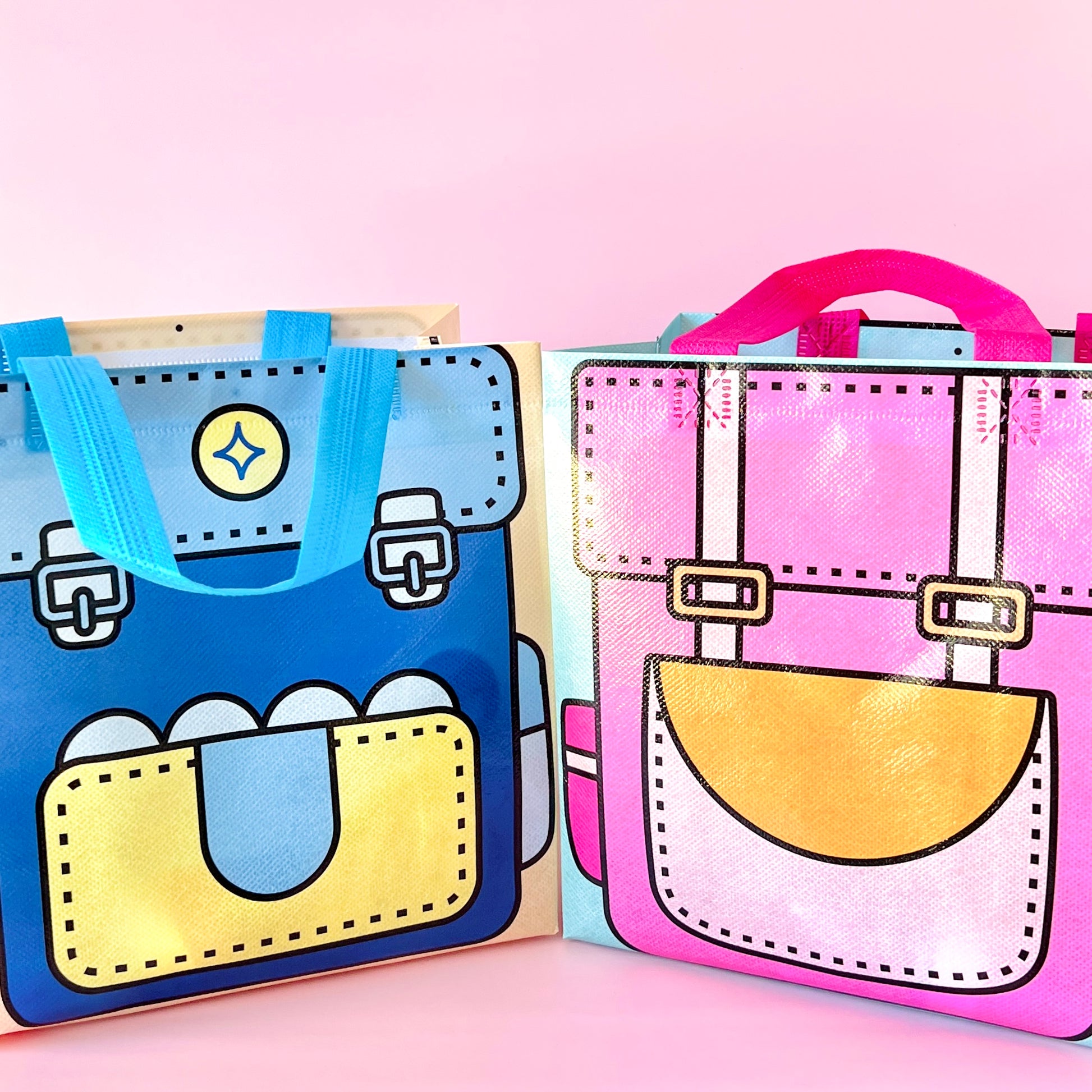 Two colorful bags with playful designs featuring blue and pink colors against a soft pink background.