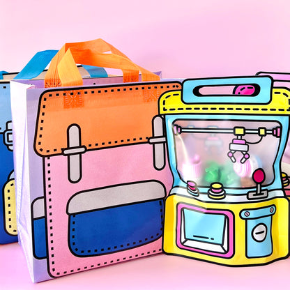 Colorful bags featuring playful cartoon designs with bright handles against a soft pink background.