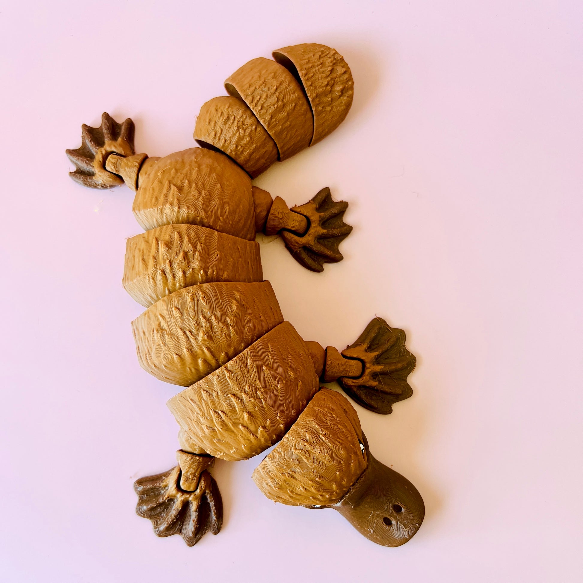 A segmented, stylized creature with a textured, tan body and webbed feet, resting on a light pink background.