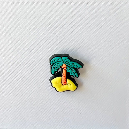Colorful palm tree on a sandy base, set against a textured white background, evoking a tropical vibe.