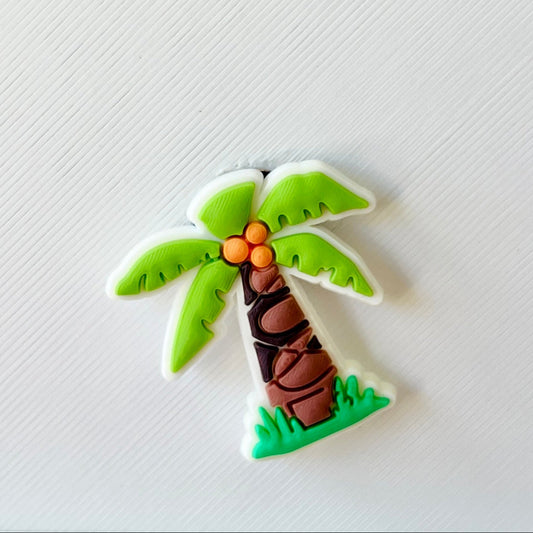 Colorful palm tree with green fronds and brown trunk, adorned with orange coconuts, set against a light textured background.