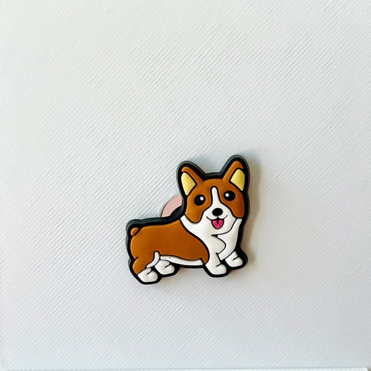Cartoon-style corgi with a happy expression, featuring brown and white fur against a textured white background.